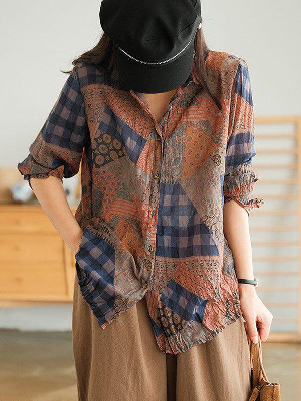 Vintage Printed Buttoned Pleated Lapel Long Sleeves Blouse Tops