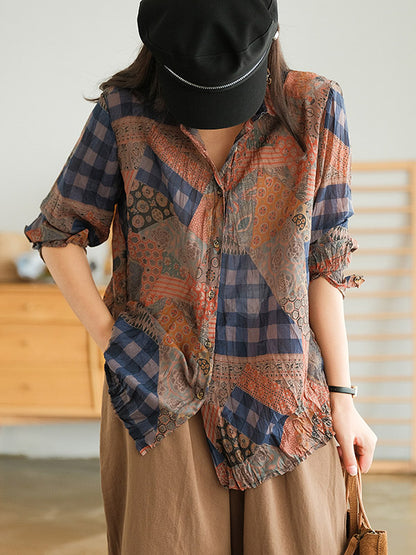 Vintage Printed Buttoned Pleated Lapel Long Sleeves Blouse Tops