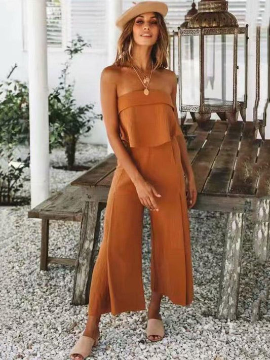 Off Shoulder Solid Falbala Bohemia Jumpsuits