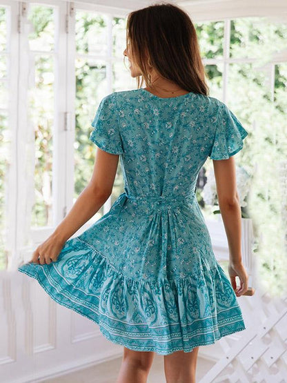 Bandage Printed V-neck Mini Dress