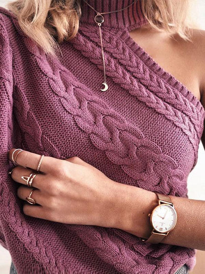 Sexy Solid Color Knitting Round-neck Sweater Tops