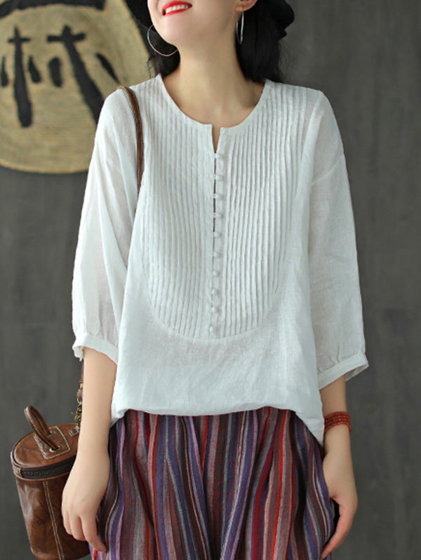 Original Linen Solid Color Pleats T-Shirts Tops