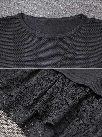 Artistic Retro Solid Color Split-Joint Embroidered Hollow Lace Round-Neck Long Sleeves Knitted Sweater Dress