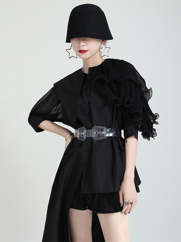 Stylish Irregular 4 Colors Split-Joint Pleated Mesh Falbala Buttoned Lapel Collar Bishop Sleeves Blouse