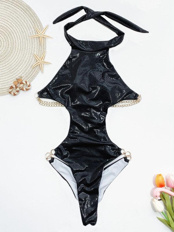 Stand Collar Snake-Print Backless One-Piece Swimwear
