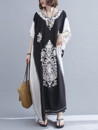 Bohemia Printed V-Neck Batwing Sleeves Contrast Color Maxi Dress