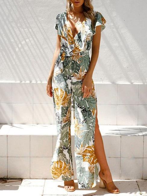 Printed Leaf Pattern Falbala Bohemia Jumpsuits