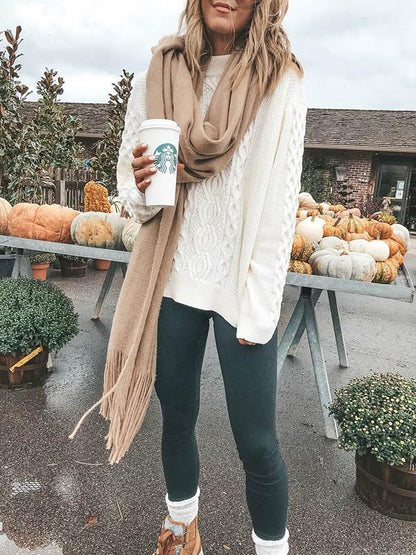 Long Sleeves White Knitting Sweater Tops