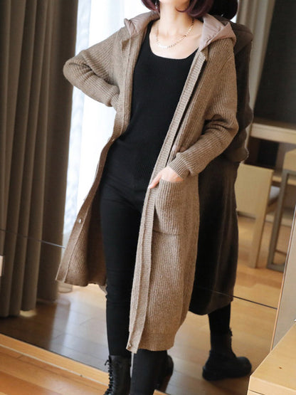 Casual Loose Solid Color Split-Joint With Pocket Buttoned Drawstring Hooded Long Sleeves Knitted Cardigan Outwear