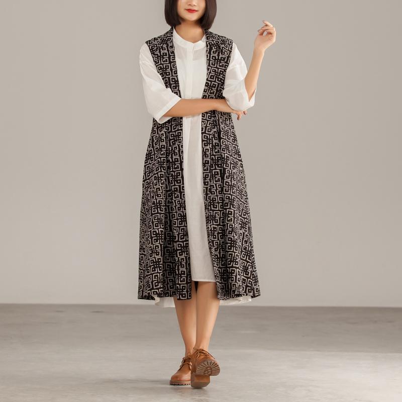 Black Cotton Geometric Cardigan Sleeveless Coat