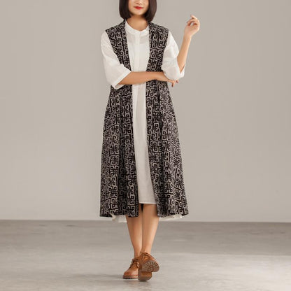 Black Cotton Geometric Cardigan Sleeveless Coat