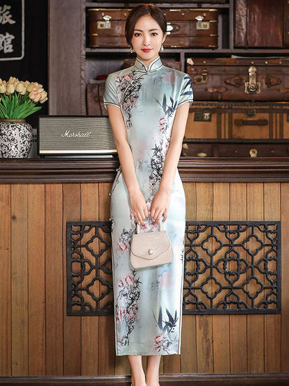 Vintage Printed Split-Side Short Sleeves Silk Long Cheongsams