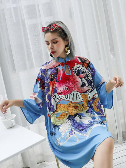 Vintage Loose Droplet-like Collar Printed Mini Dress