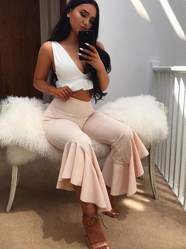 Solid V-neck Sleeveless Falbala Tank