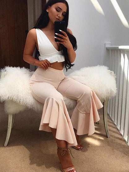 Solid V-neck Sleeveless Falbala Tank