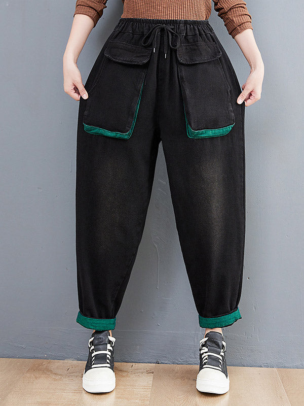 Loose Split-Joint With Pocket Elasticity Drawstring Wide Legs Harem Jean Pants