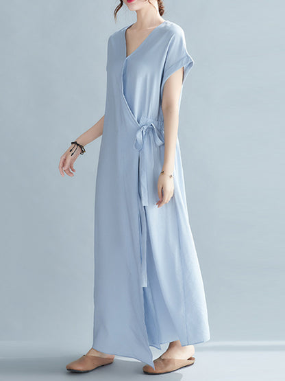 Casual Loose Solid Color Tied V-Neck Short Raglan Sleeves Maxi Dress