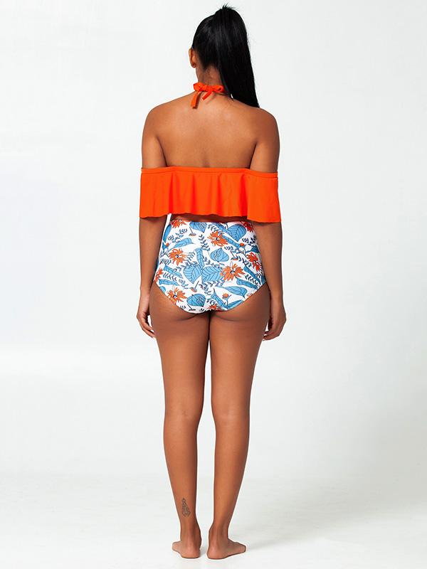 Sexy Bare Shoulders Flounces Split Bikini Swimsuit