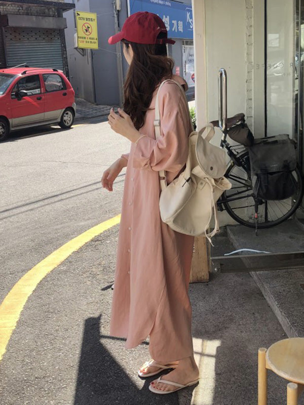 Casual Ramie Cotton Solid Color Buttoned Lapel Collar Long Sleeves Midi Shirt Dress