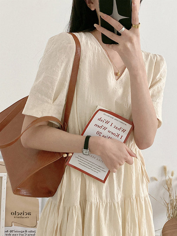 Urban Solid Color V-Neck Drawstring Short Sleeves Midi Dress