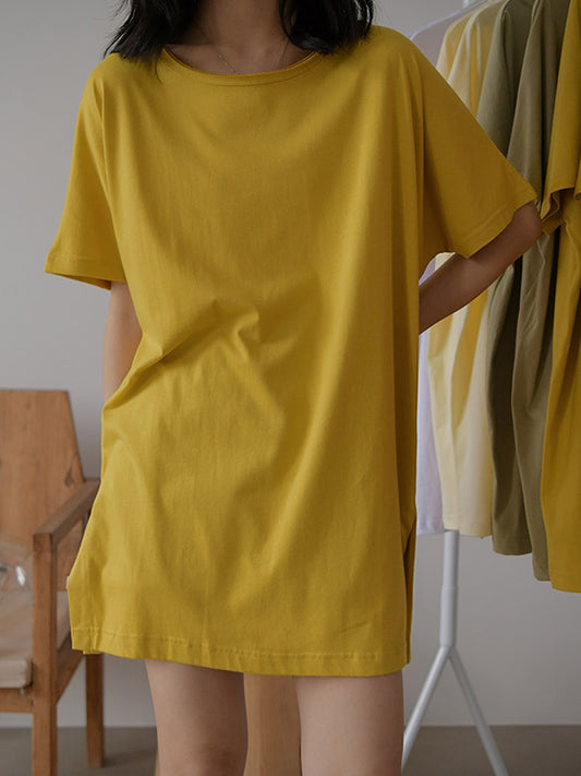Simple Casual Loose 5 Colors Split-Side Round-Neck Short Sleeves T-Shirt Tops