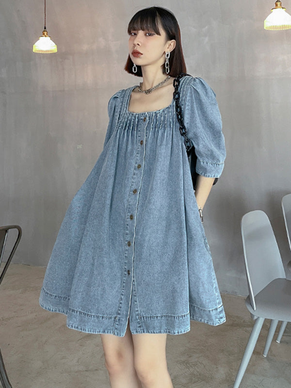 Stylish Denim Blue Pleated Square-Neck Half Sleeves H-Line Mini Dress