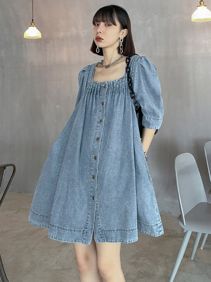 Stylish Denim Blue Pleated Square-Neck Half Sleeves H-Line Mini Dress