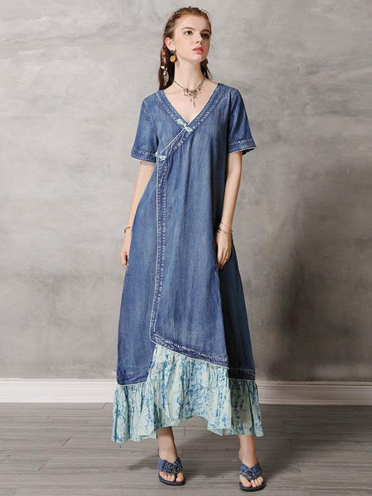 Original Retro Split-joint Cropped Frog Long Dress