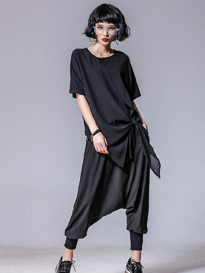 Asymmetrical Loose Round-Neck Modal And Chiffon T-Shirts Tops