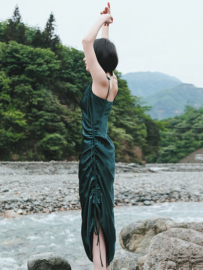 Fashion Ruffled Drawstring Bandage Spaghetti-Neck Midi Dress