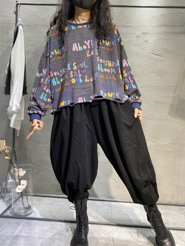 Fashion Contrast Color Printed Long Sleeves Torn Sweatshirt Top