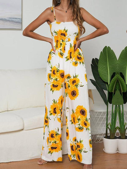 Sunflower Printed Spaghetti-neck Jumpsuits