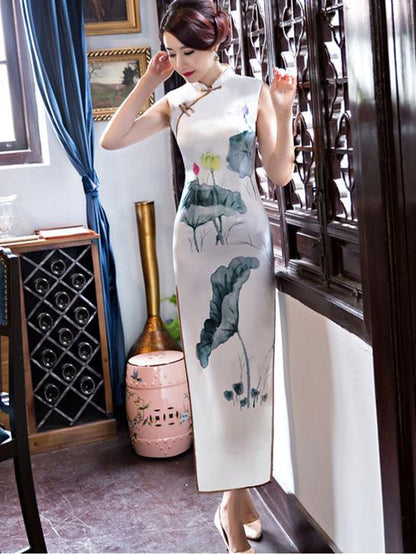 White Lotus Print Long Cheongsam Dress