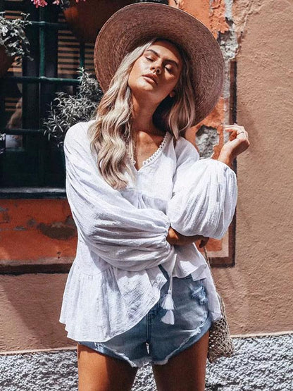 V-neck Puff Sleeves Blouses&Shirts Top