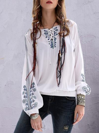 Embroidered Puff Sleeves Blouses&Shirts tops