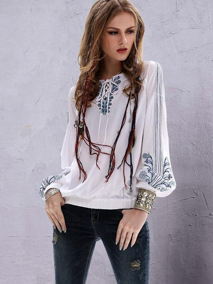 Embroidered Puff Sleeves Blouses&Shirts tops
