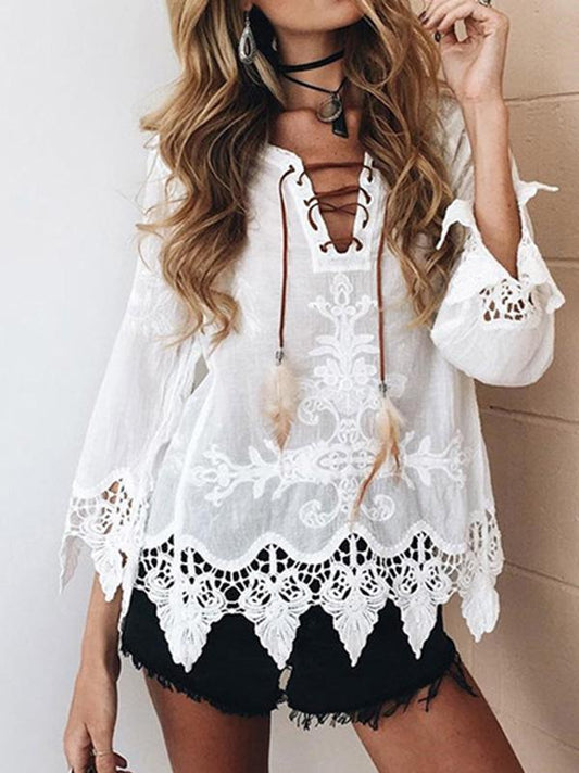 Long Sleeves Bohemia V-neck Floral Blouses&shirts Tops