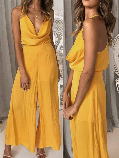 V-neck Backless Loose Solid Bohemia Jumpsuits