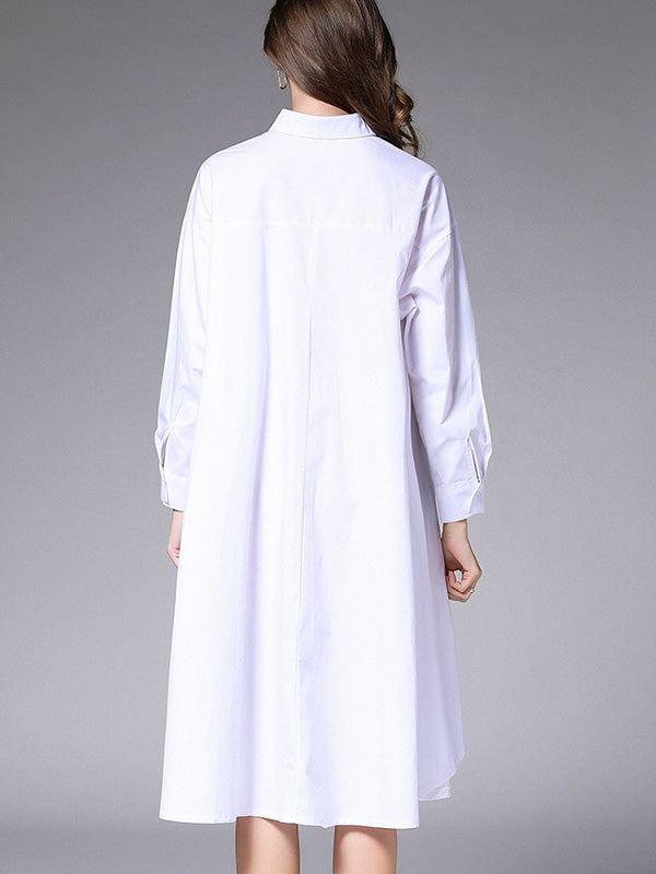 Simple Loose 4 Colors Buttoned Lapel Collar Raglan Sleeves High-Low Midi Dress