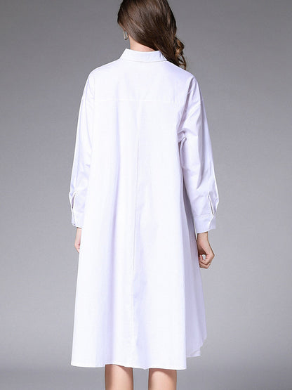 Simple Loose 4 Colors Buttoned Lapel Collar Raglan Sleeves High-Low Midi Dress