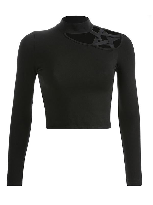 Solid Color Hollow Long Sleeves Tees