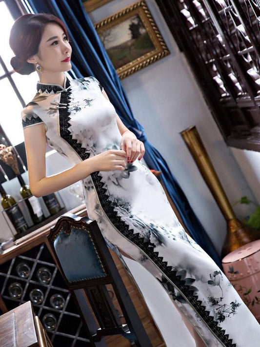 Lacy Ink&Lotus Print Long Cheongsam Dress