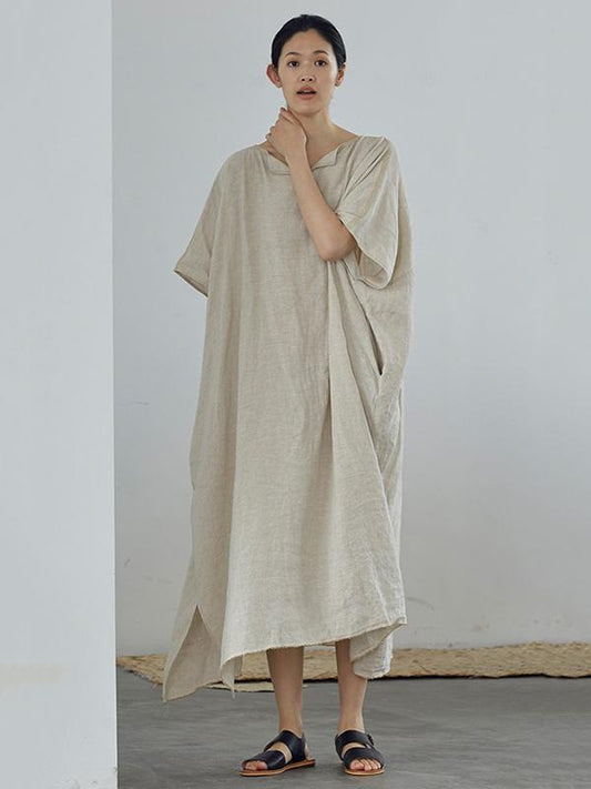 Loose Linen Apricot Split-side Ramie Long Dress