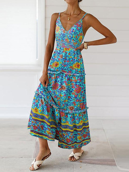 Slit Down Floral Printed V-neck Maxi Dress