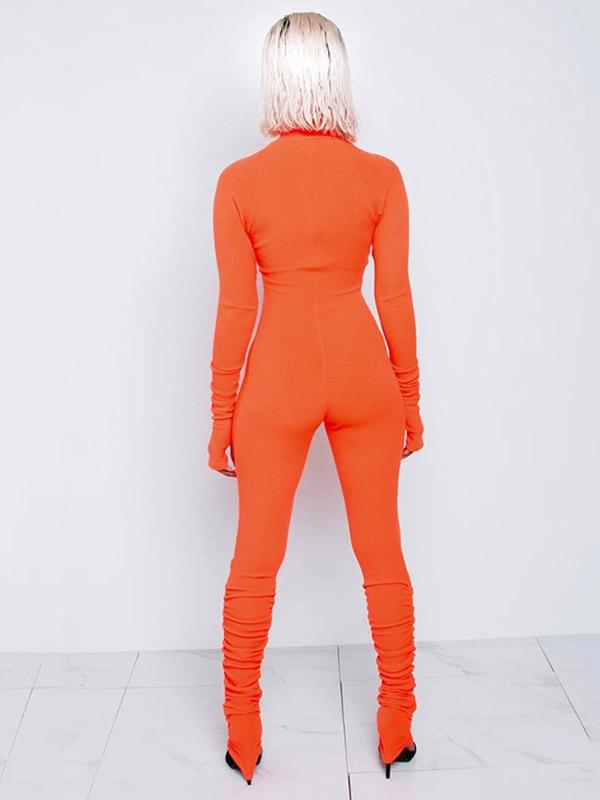 Wrap Long Sleeves High-Neck Zipper Jumpsuits