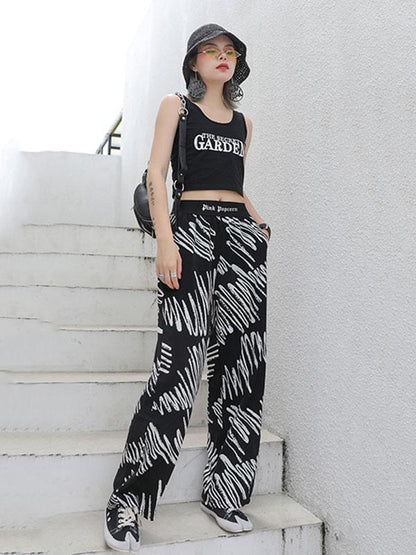 Elastic Waist Design Printed Wide Leg Pants