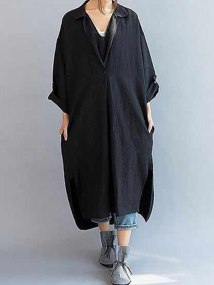 Loose Cotton Black Lapel Split-side Long Dress