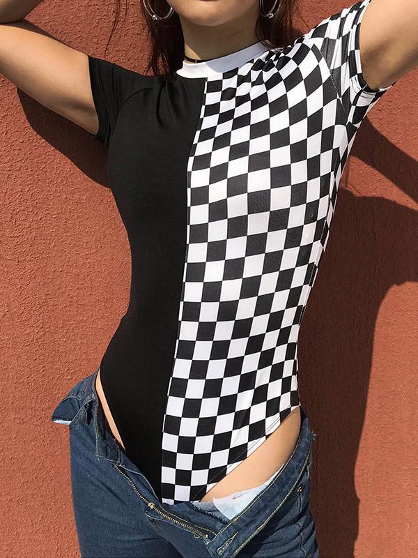 Plaid Short Sleeves Round-neck Bodysuits