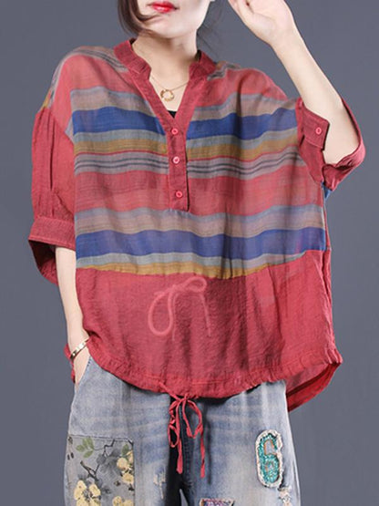 Office Loose V-neck Striped Blouse