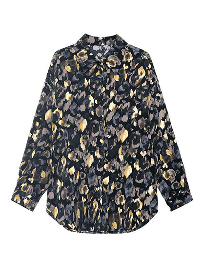 Original Stylish Loose Irregular Split-Joint Buttoned Floral Printed Lapel Collar Long Sleeves Blouse